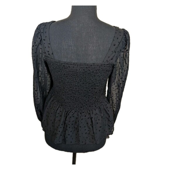 Nine West Blouse Black Smocked Square Neck Polka Dot Long Sheer Sleeves XS - Picture 3 of 13
